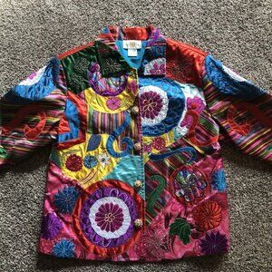 Sandy Starkman Jacket Woman Size S Patchwork Artsy Eclectic Bold Floral Appliqué